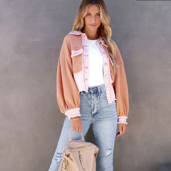 Vici Monica Cotton Waffle Knit Frayed Shacket • Pink Orange Combo - Picture 4 of 11